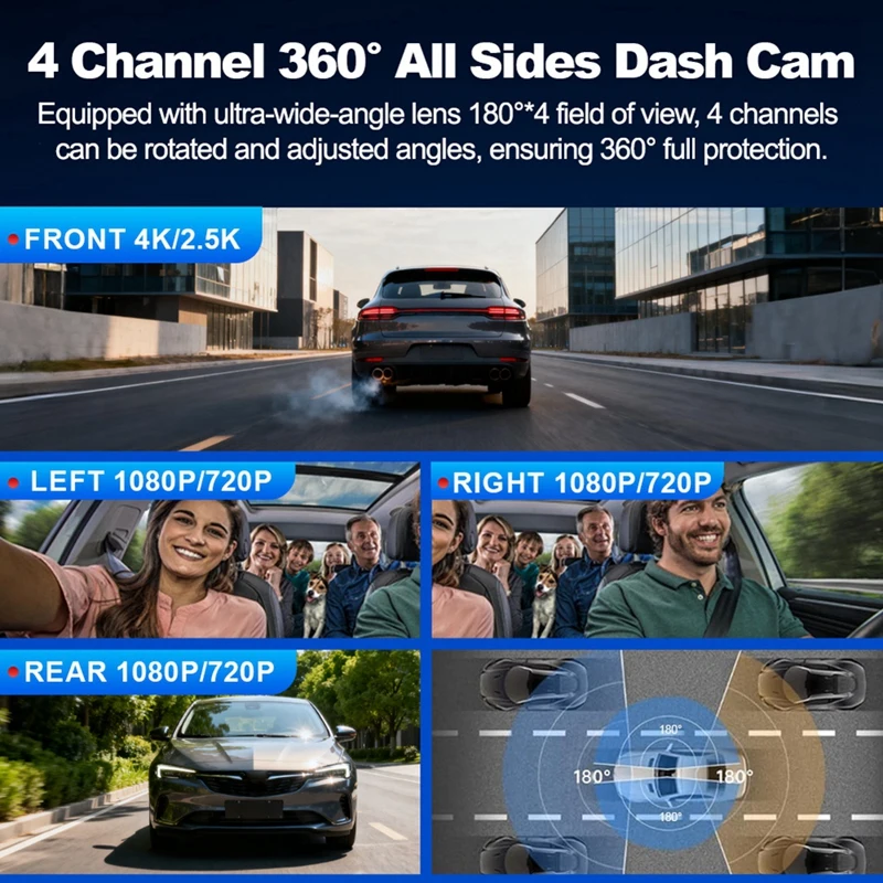 Super Sale Dash Cam 4K 4 Channel Front and Rear Inside 360° Car Camera for Cars Built-in WiFi GPS WDR Night Vision 24H Parking M