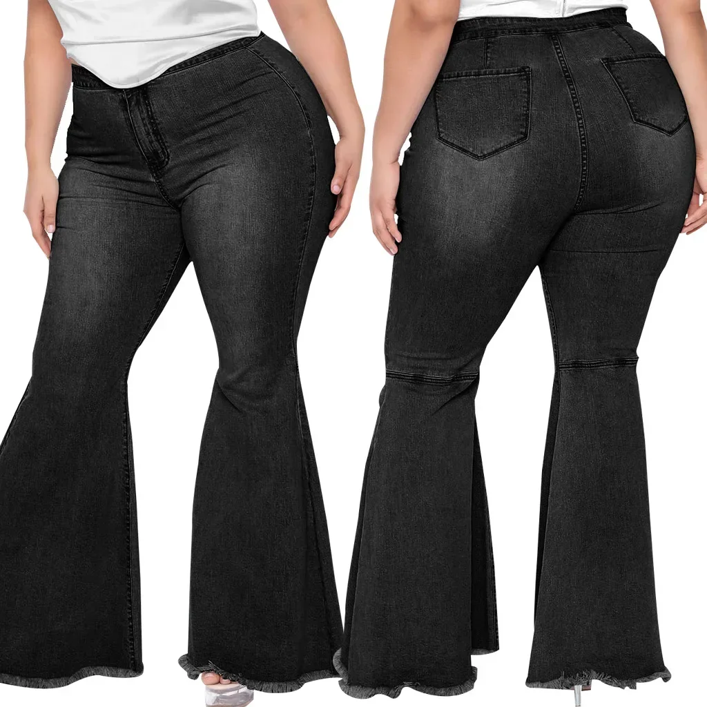 Femmes jean Flare pantalon Denim lavage bouton ample Sipper poches pantalon haute rue léger Strech solide décontracté printemps 2025