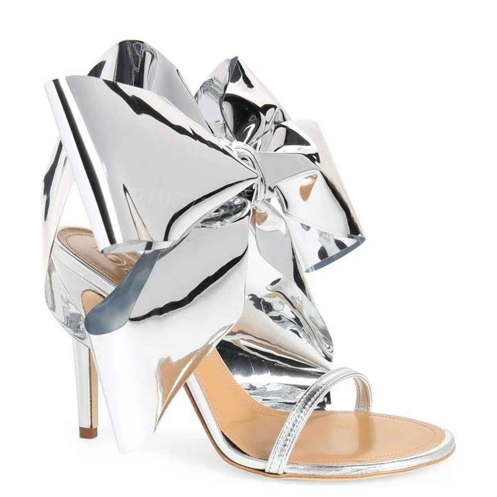 

Silver Big Bow Knot Decor Sandals Sexy Patent Leather Shoes for Women Thin High Heels Fashion Shoes 2024 Zapatos Para Mujere