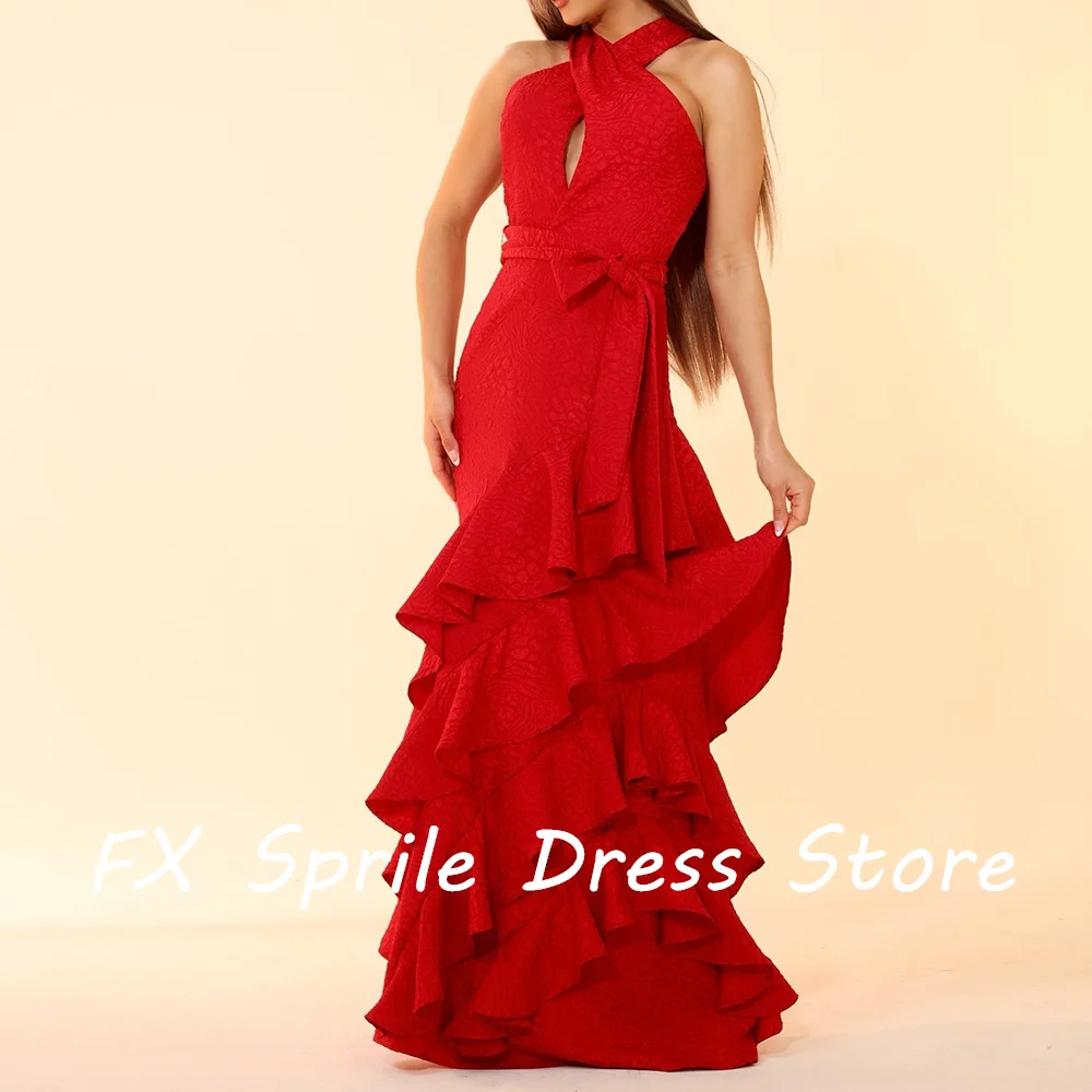 Classic Red Floor Length Criss-Cross Jersey Sleeveless Tiered Ruffles Straight Belt Zipper Back Elegant Luxury Evening Dress