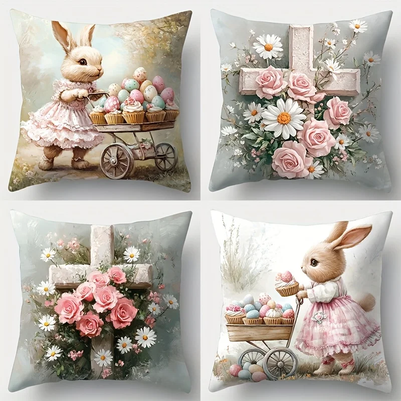 4 Easter Rabbit Pillow Covers Warm And Comfortable Polyester With Zipper Closure Machine Washable Perfect For Living Room Sofa
