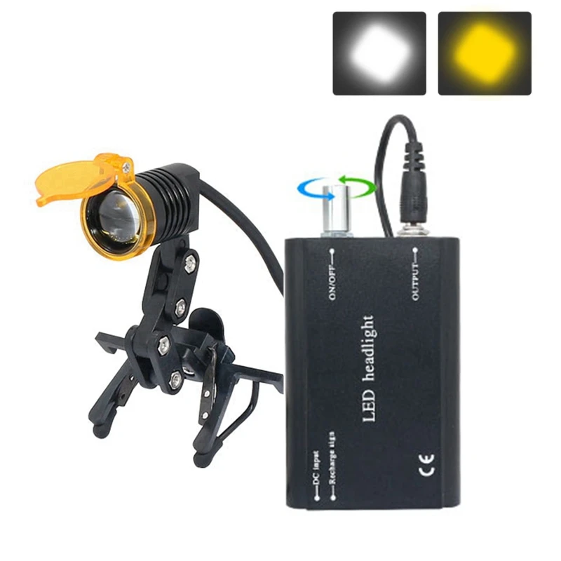 Dental Headlight LED Headlamp for Dental Loupes Adjustable Brightness Dentist Medical Illuminator w Yellow Filter Glasses Clip