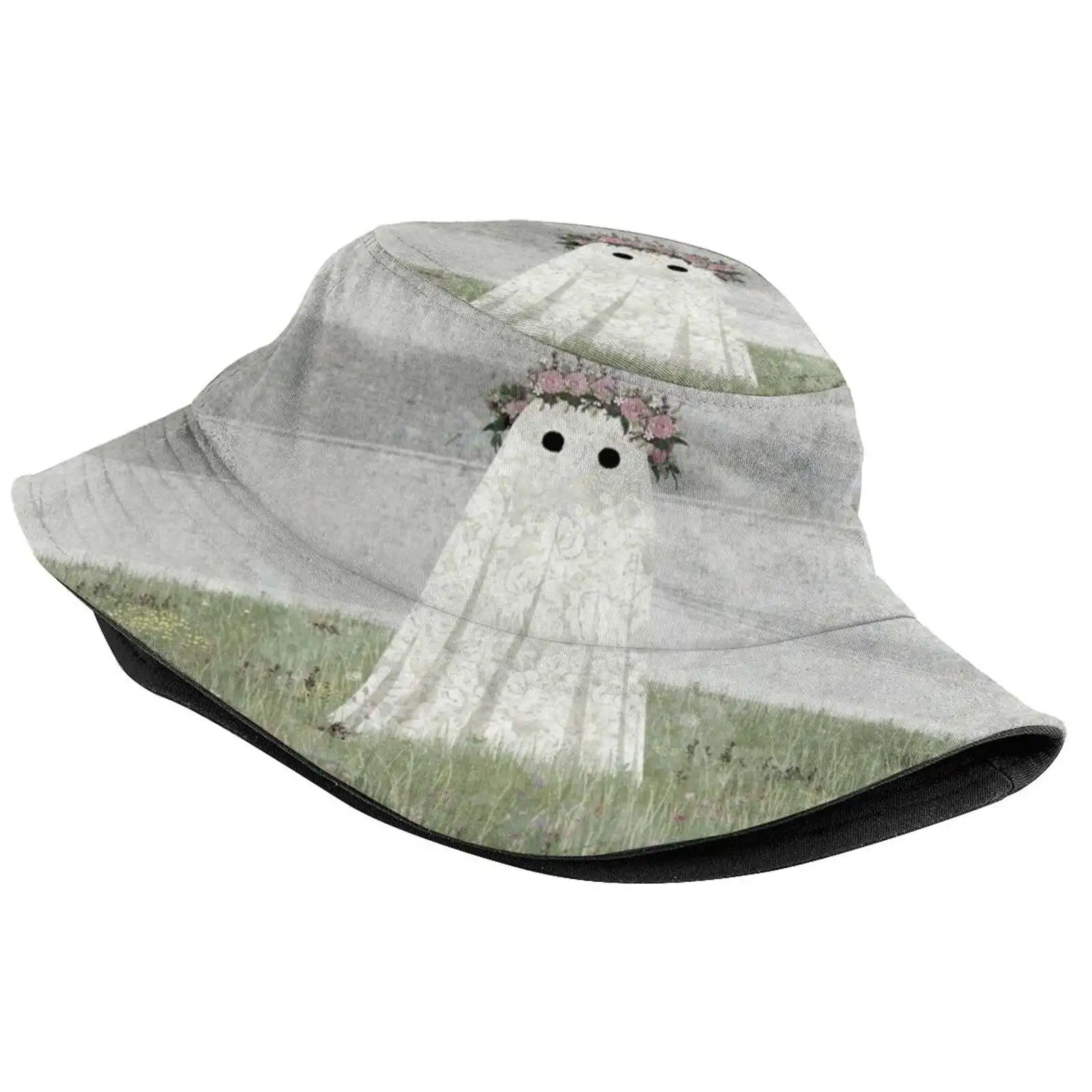 There's A Ghost In The Meadow Summer Unisex Fisherman Hats Cap Ghost Walter Flowers Nature Meadow Wildflower Grey Spring Summer