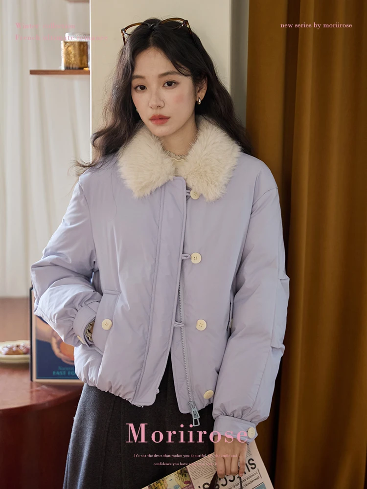 

Женская короткая куртка-пуховик Moriirose с дизайном «Цветочный бутон», меховым воротником, в повседневном стиле, теплая, утолщенная, с длинными рукавами