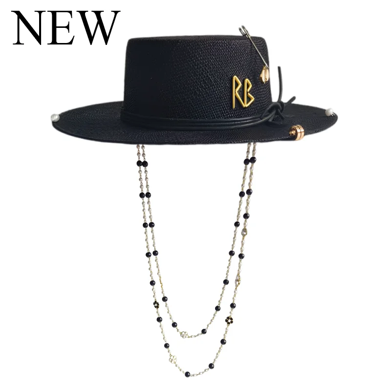 Summer Straw Hat DIY Personalized Handmade Hat featuring Pearl Chain Flat Top Sun Hat New Style Lettering Design Women's Cap