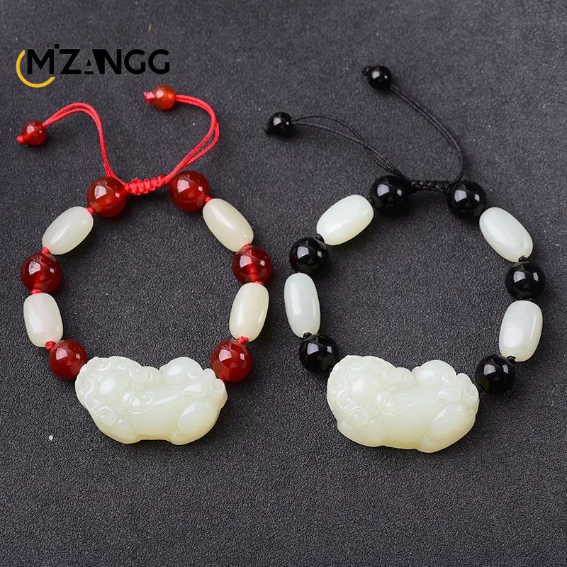 Natural Green White Jade Original Stone Beads Brave Bracelet Exquisite Fashion Men's and Women's Jewelry Lucky Mascot Gift