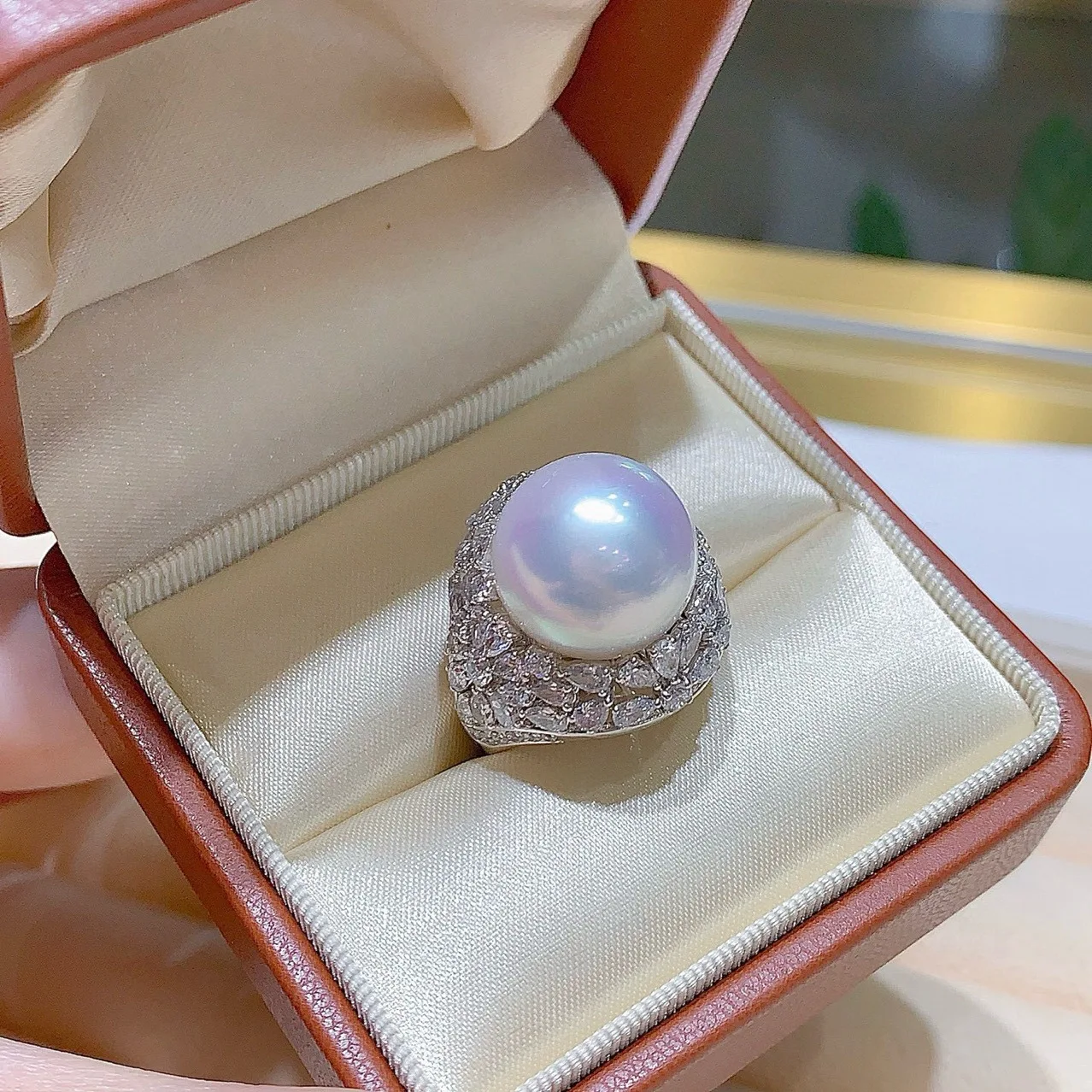 12-14mm Large Natural Freshwater Pearl Ring Full Paved Zircon S925 Silver Luxury Statement Women Cocktail Jewelry