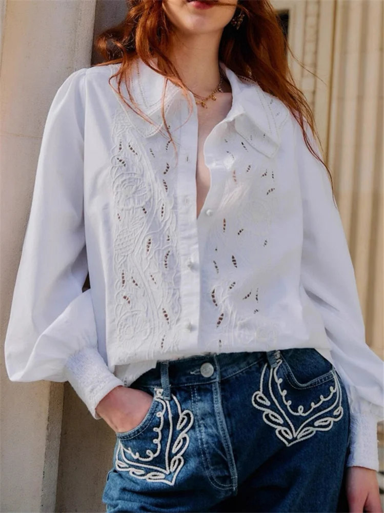 Chemise Double couche en coton brodé au Crochet pour femmes, col Peter Pan, manches longues, haut pour dame, printemps 2026