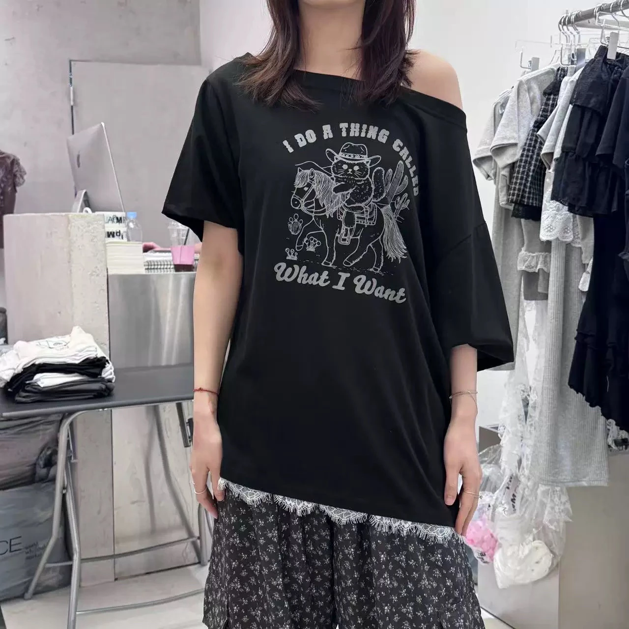 oulder Bared Loose Fit ort Sve T irt Damen Casual Sle Baumwolle Sommer Top Cartoon Print rund Ne Line Design