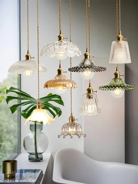 Japanese Retro Vintage Brass Glass Pendant Lights E27 Led Gold Lustre Hanging Lamp Decor Restaurant Bedroom Bedside Porch Aisle
