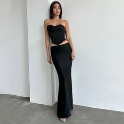Lace Up Bandage Crop Top Skirt Set Summer Women Satin Set Matching Elegant Party Club