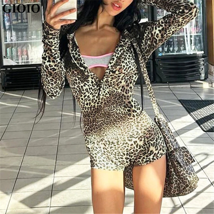 GIOIO Leopard Long Sleeve O Neck Long Sleeve Womens Autumn Short Jumpsuit Streetwear Playsuit