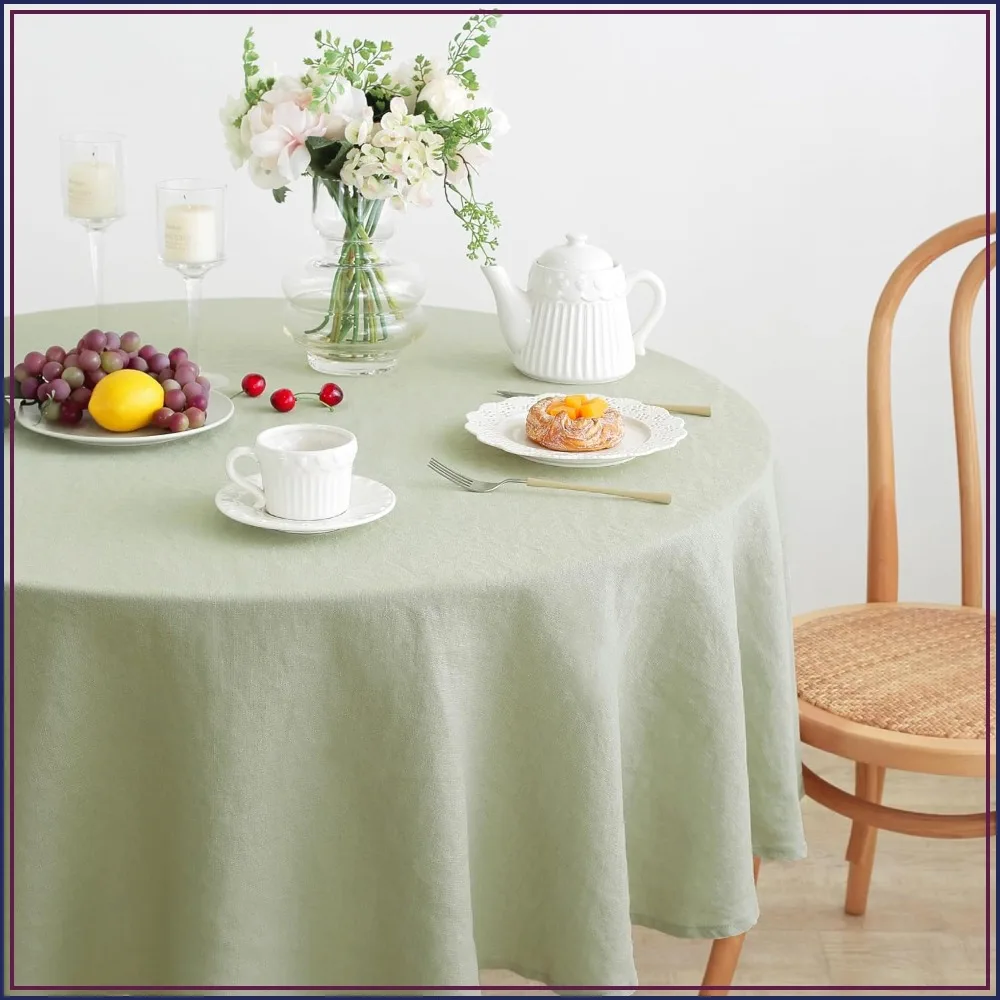 100% French Linen Round Tablecloth 90 Inch Washable Sage Green for Dining Weddings