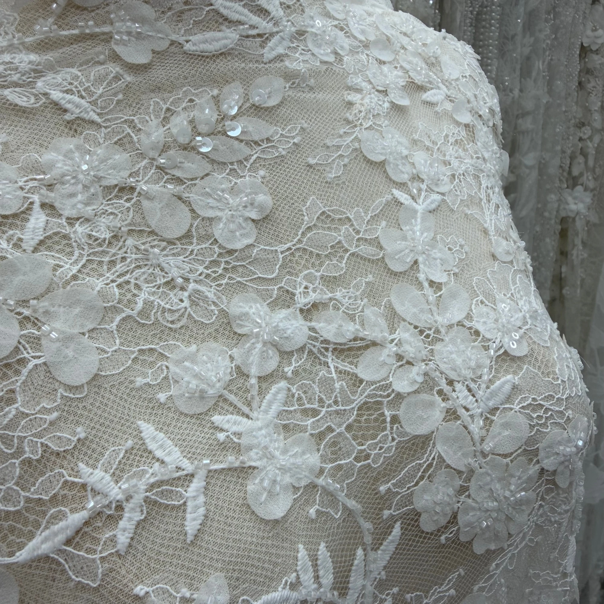 High-End Custom 3D Flower Sequin Bead French Lace Embroidery Luxury Wedding Dress Design Lace Fabric