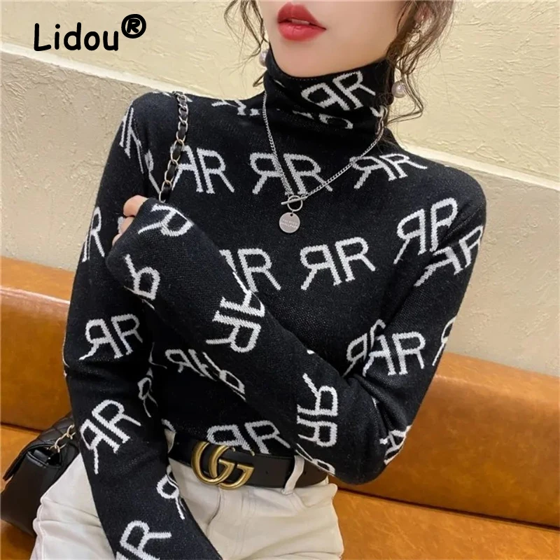 Vintage Letter Print Long Sleeve Turtleneck Soft New T-Shirt For Women Autumn Winter Korean Style Chic Basic Bottoming Tee Shirt