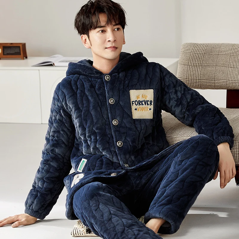 Three-Layer Quilted Men Pajamas Winter Cardigan Hooded Long Sleeve Trousers Set Keep Warm Milk Velvet Home Service Men Sleepwear