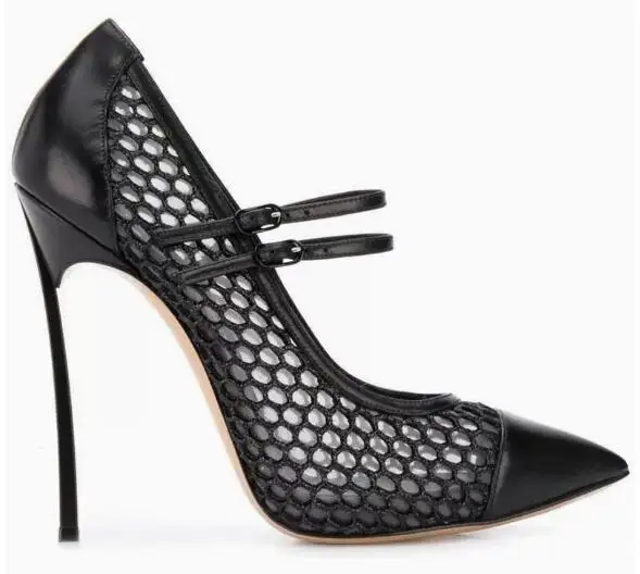 

New Black Matte Leather Air Mesh Patchwork Double Belt Buckle Strap Stiletto Pumps Women Pointed Toe Metal Blade Heels Shoes