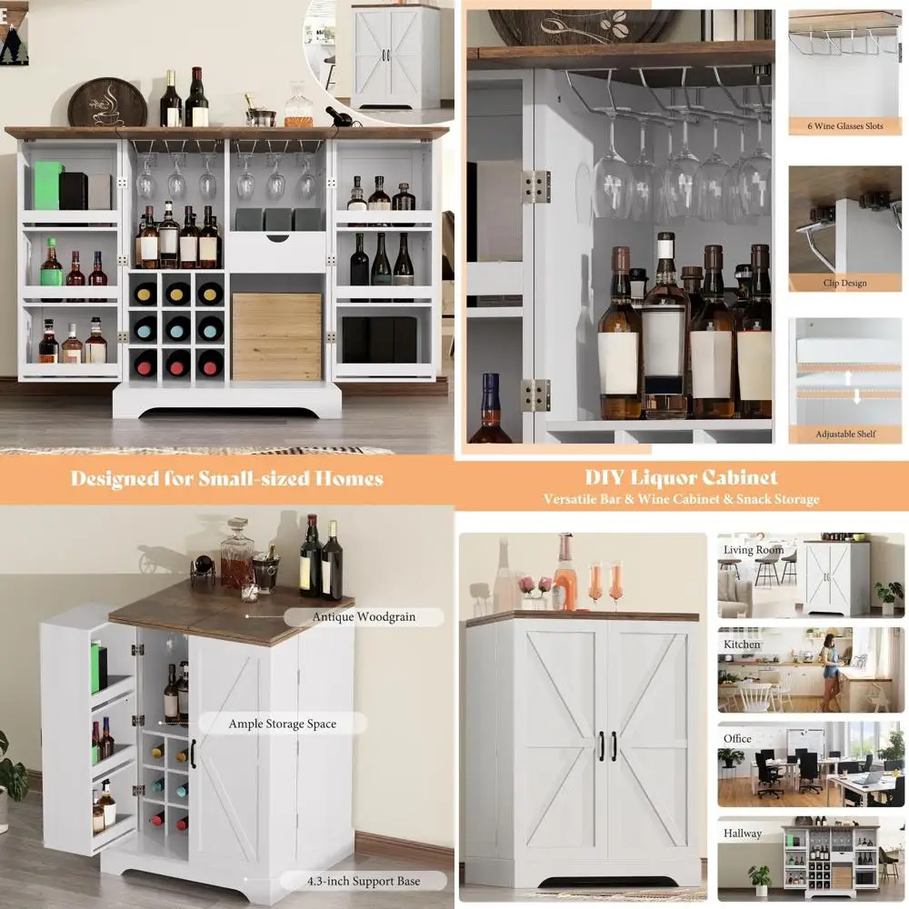 Expandable Farmhouse Style Bar Cabinet with 9 Wine Racks, Folding Storage for Coffee and Liquor, Ideal Home Bar Station