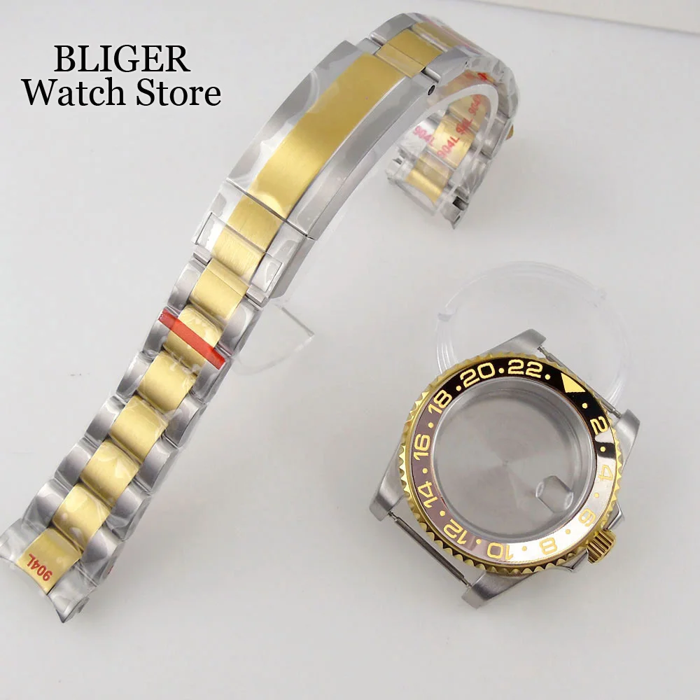 40mm Watch Case fit NH35A NH36A NH34A PT5000 MIYOTA 8215 Two Tone Gold Steel Bracelet Grey Black Ceramics Insert