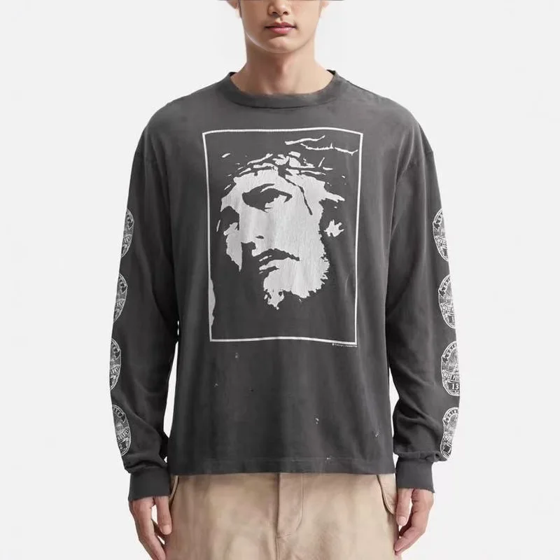 Long Sleeve Washed T-Shirt Casual Cotton Outdoor Wear for Men Comfortable Loose Fit Love Saint Design Spring Season Fashion