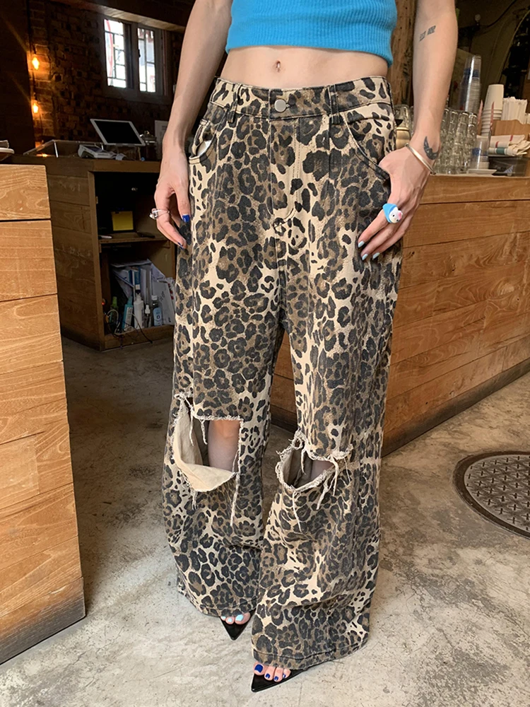 TWOTWINSTYLE Leopard Ripped Wide Leg Jeans For Women High Waist Patchwork Button Loose Fashion Denim Pant Female Clothing New