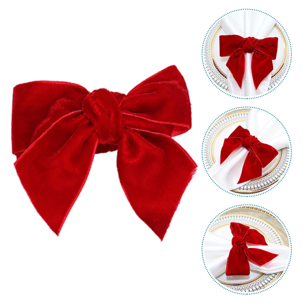 

Red Bowknot 12pcs Christmas Wedding Party Table Decor Serviette Holders Bulk Flannel Napkin Bands Xmas Napkin Holders
