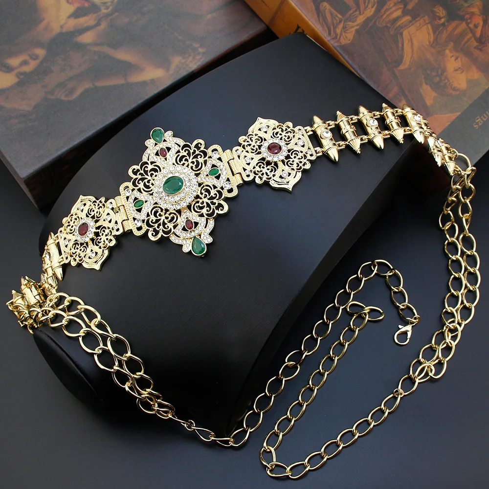 Sunspicems Marokko Frauen Taille Kette Gürtel Gold Farbe Braut Schmuck Kaftan Takchita Gürtel Arabesque Mit Kristall Prinzessin Juwelen