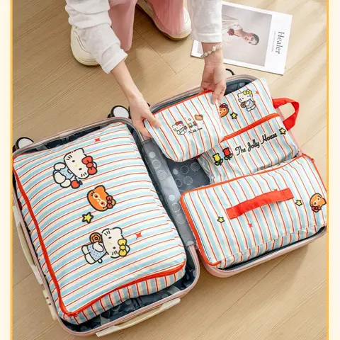 Hello Kitty Striped Travel Storage Bags Waterproof Suitcase Packing Organizers Bag For Clothes Underwear Shoes Organization Gift
