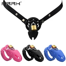 FRRK 3114 Short Silicone Male Chastity Cage with Black Nylon Chastity Belt 정조대 for Adults 18+ Men 5 Sizes Penis Ring Locked Cock