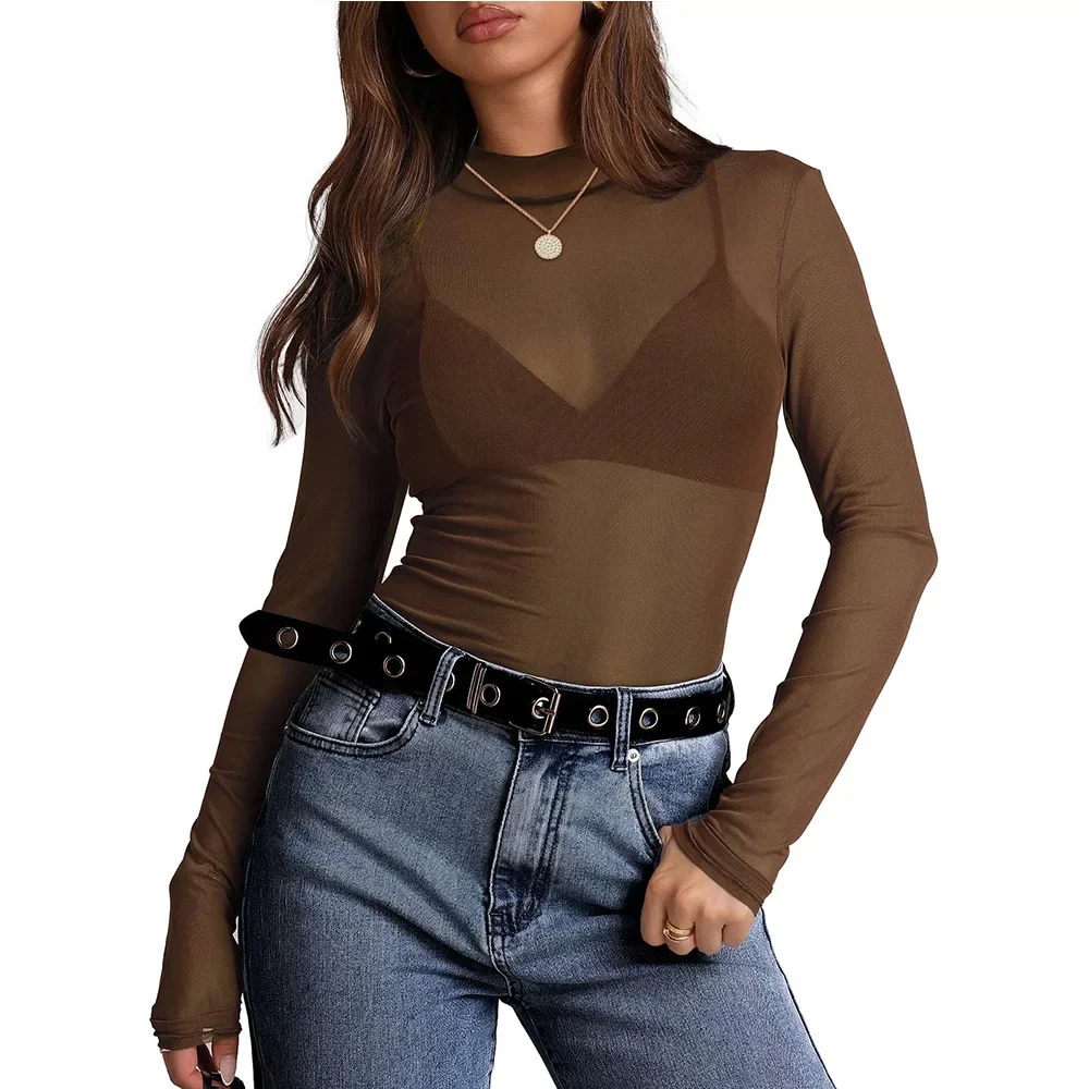 Perspective Long-sleeved T-shirt Sexy Y2K Mesh Top New Fashion and Versatile Women's Half Turtle Neck