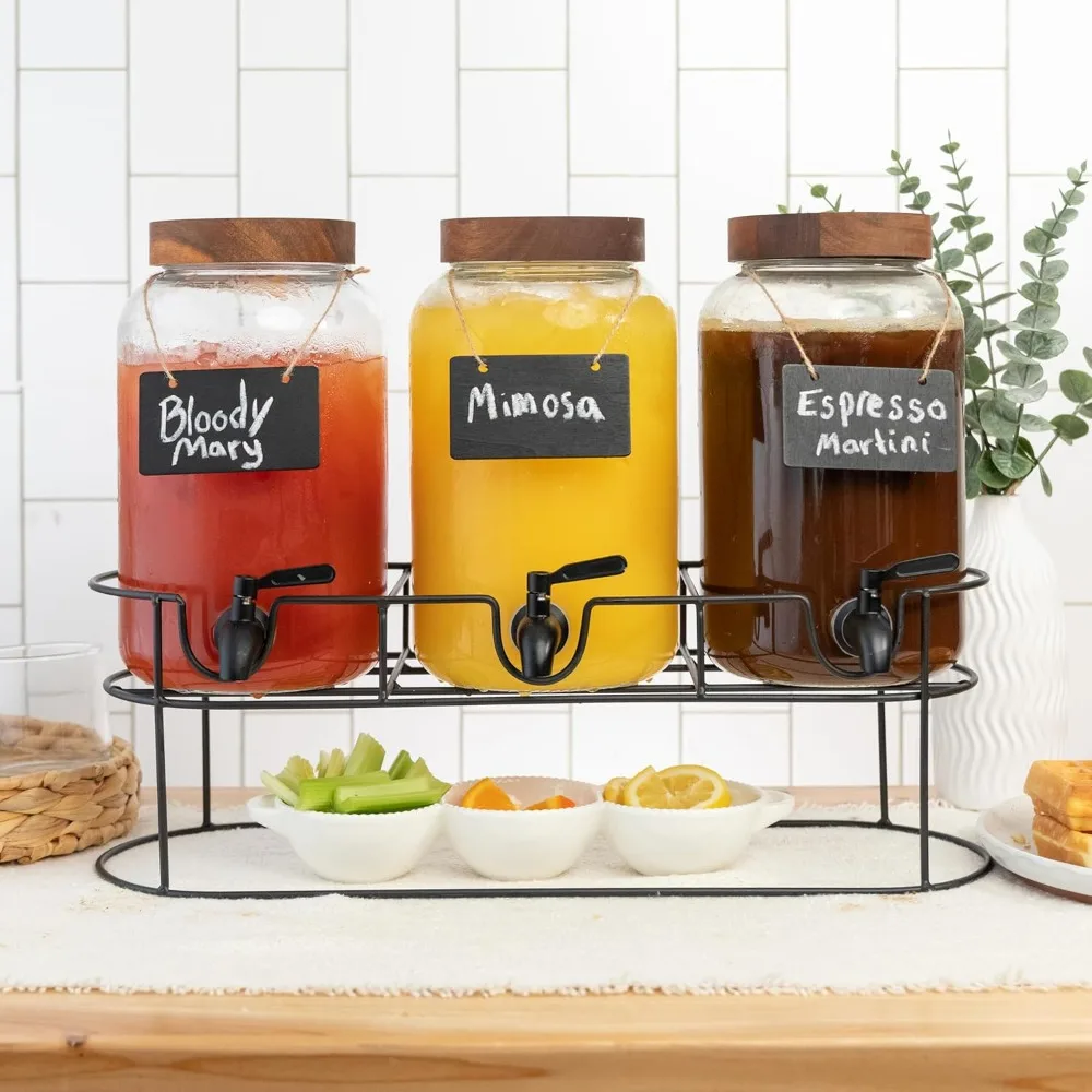 

Glass Drink Dispenser for Parties - 3 Pack, 1 Gallon Triple Beverage Multi Drink Dispenser with Stand, Wood Tops