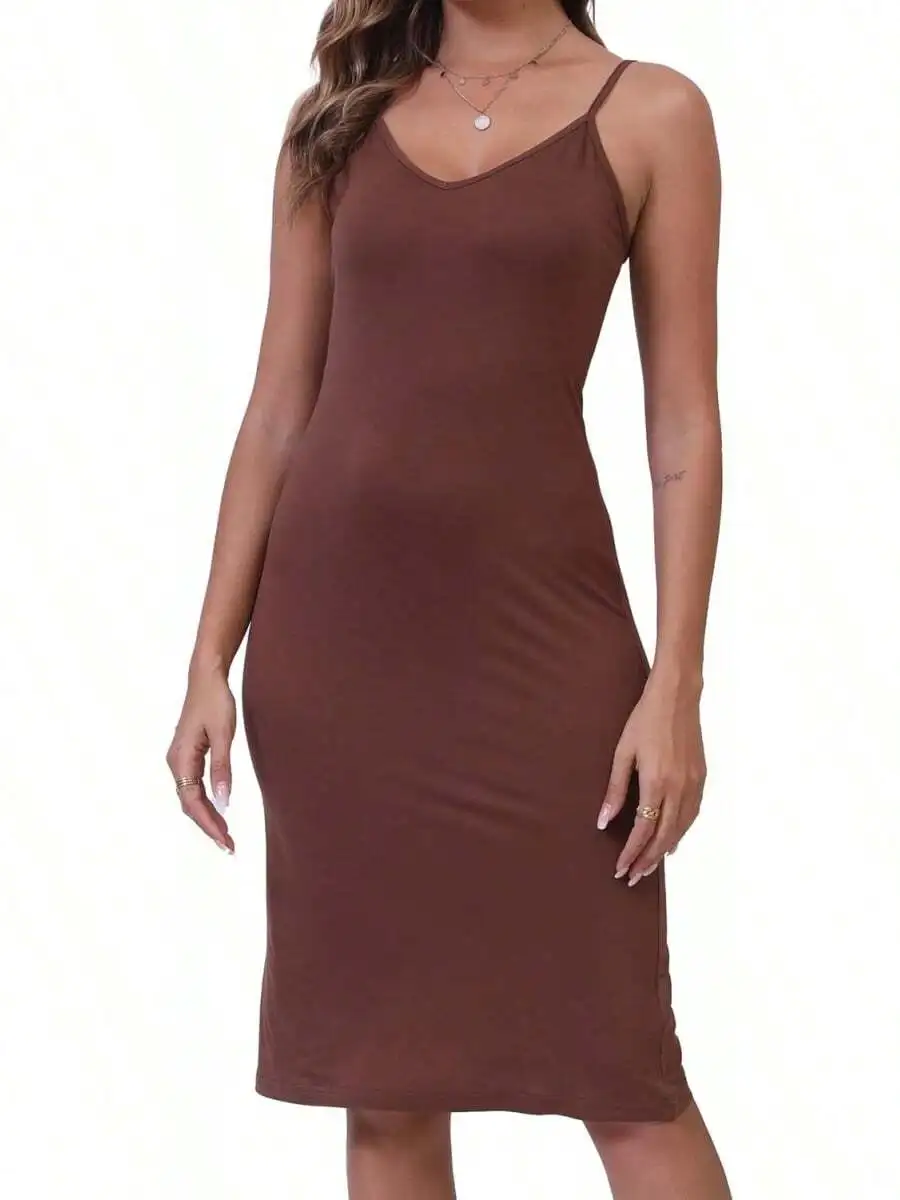 

Women Spaghetti Strap Cami Slip Dress Lightweight Underdress Bodycon Midi Length