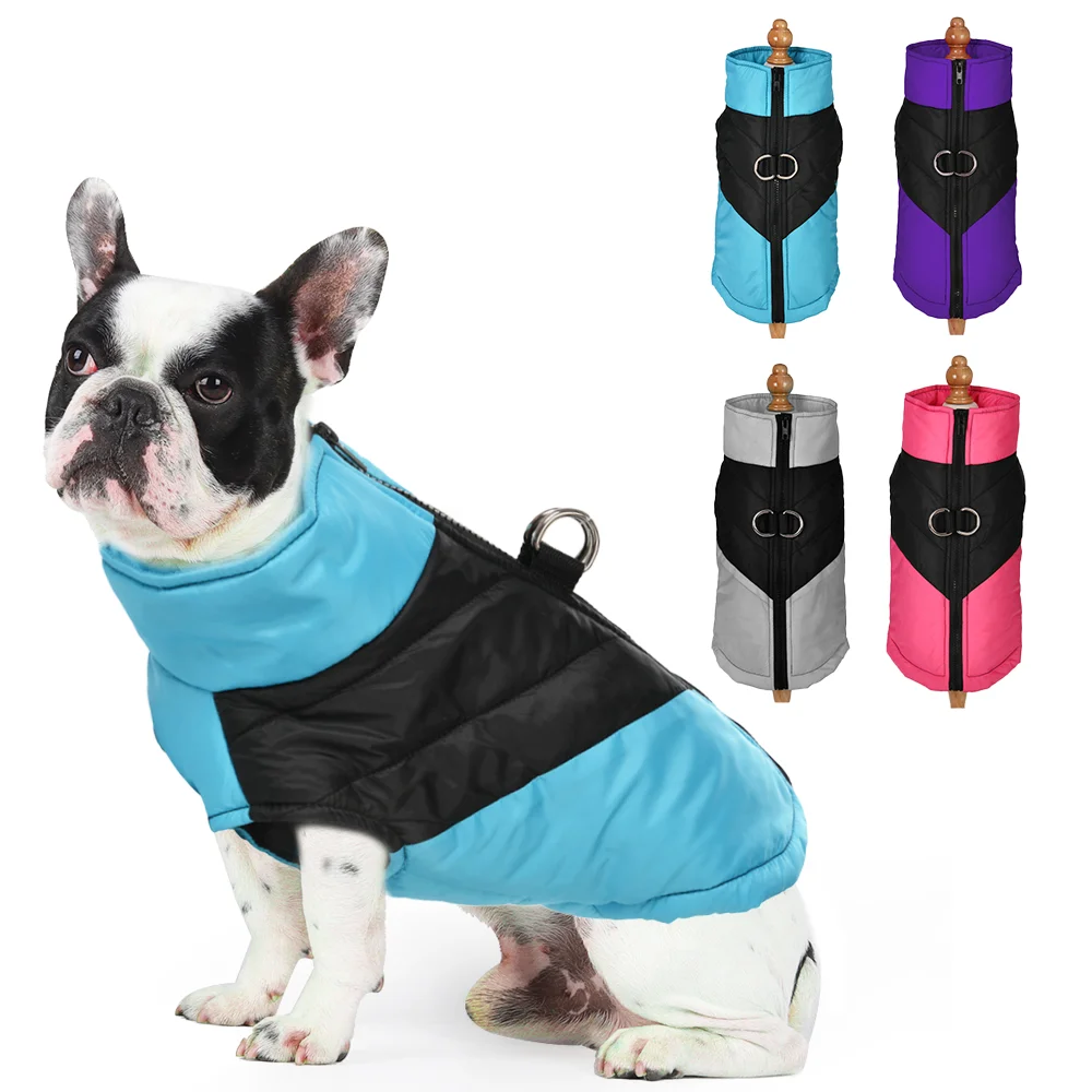 Hundekleidung mit hohem Kragen, warme Winterjacke für kleine und mittelgroße Hunde, Mantel mit D-Ring, wasserdichtes Welpenkostüm für den Außenbereich, Bulldogge