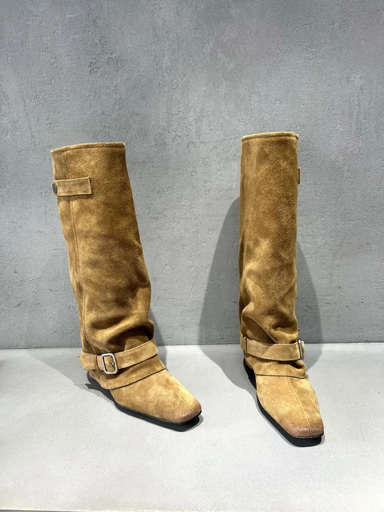New Ladies Cowhide Genuine Leather Knight Boots Retro Square Toe Belt Buckle Slip On Comfortable Long Boots Women Fashion Shoes