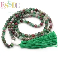 Fancy 8mm Natural Red-Green Stone Beaded Buddhist 108 Prayer Bracelet Tassel Yoga Necklace Female Meditation Jewelry Wholesale