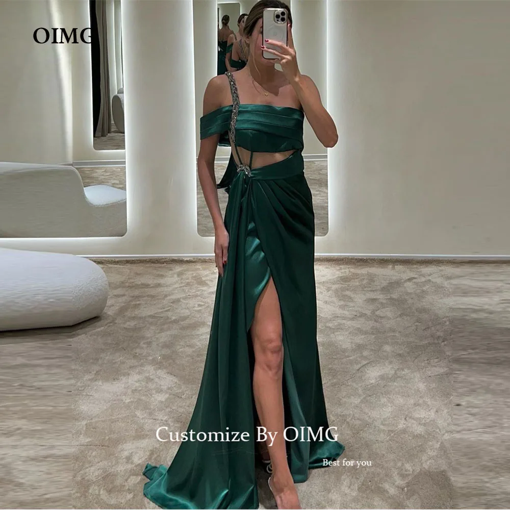 

OIMG Sexy Green Satin Long Evening Dresses One Shoulder Pleats Split Dubai Women Party Dress Event Occasion Formal Prom Gowns