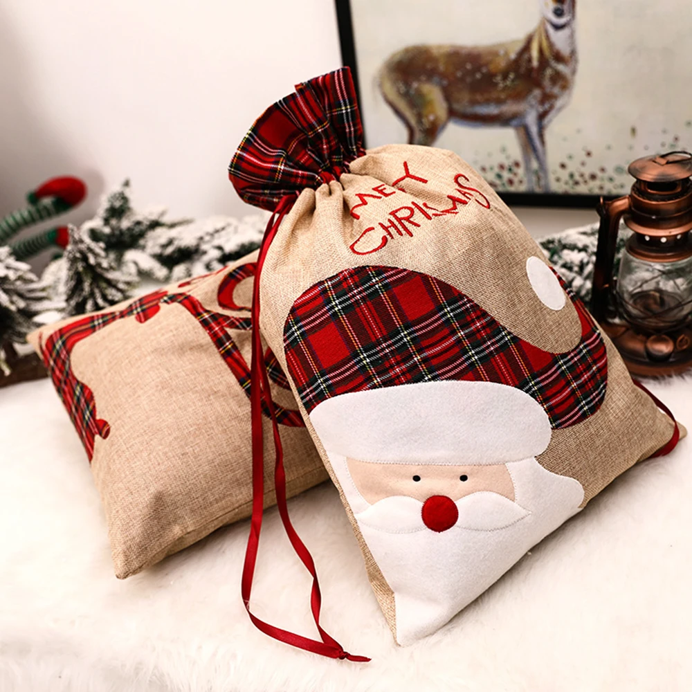 Grande saco de presente de natal com cordão saco de embalagem de linho de luxo elf feliz natal acessórios decorações de natal bens