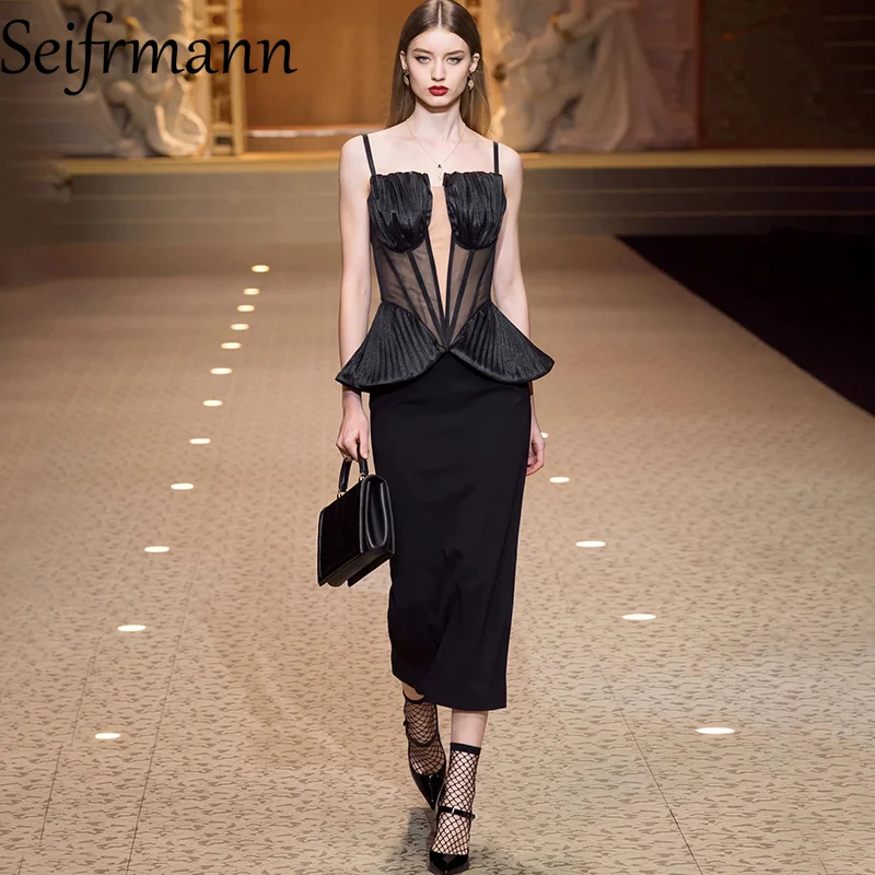Seifrmann Spliced ​​Mesh suspender Dress Square Neck Sleeveless Waist Cover Hip Dress 2026 Autumn Women's New Style