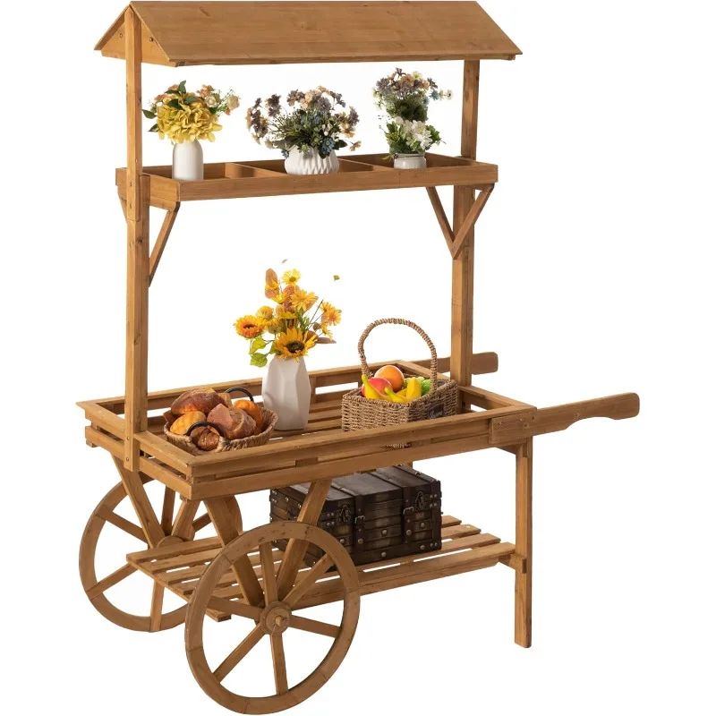 Wooden 3 Tier Rolling Table Cart with 2 Wheels for Home Decor, Display Rack, Lemonade stand, Food Stand, or Tea Stall