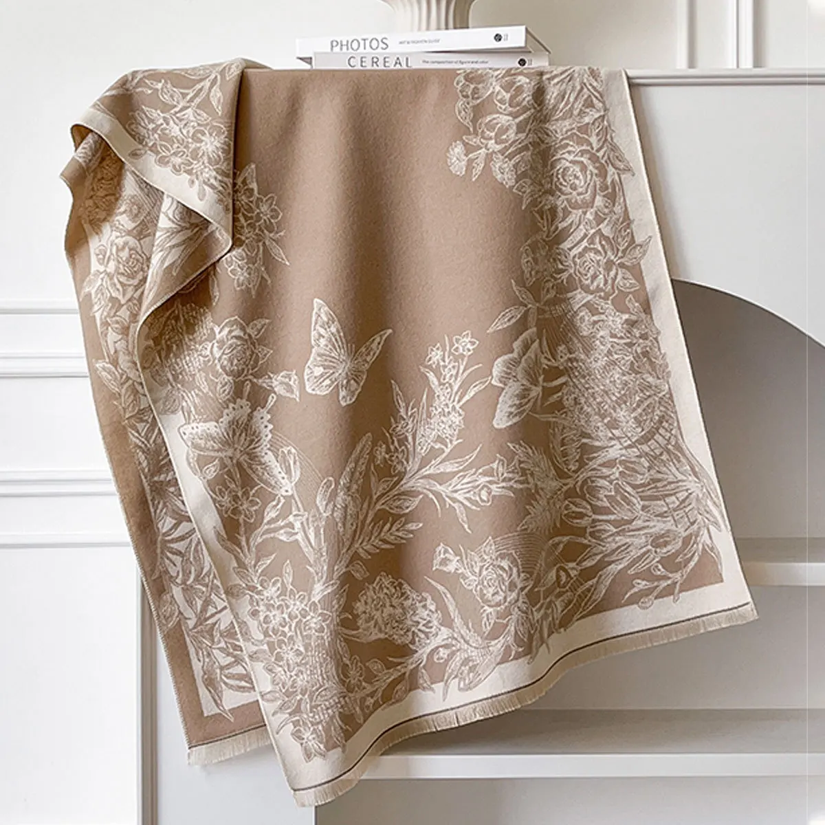 

New Elegant Flower Butterfly Scarf Imitation Cashmere Soft Warm Fringe Shawl New Autumn Winter Coldproof Windproof Blanket Scarf