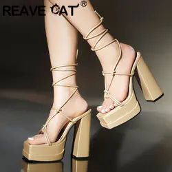 ORCHA LISA Sandały damskie Square Toe Chunky High Heels 14cm Double Platform 5cm Shoes Strap Plus Size 45 46 47 48 Sexy Shoes