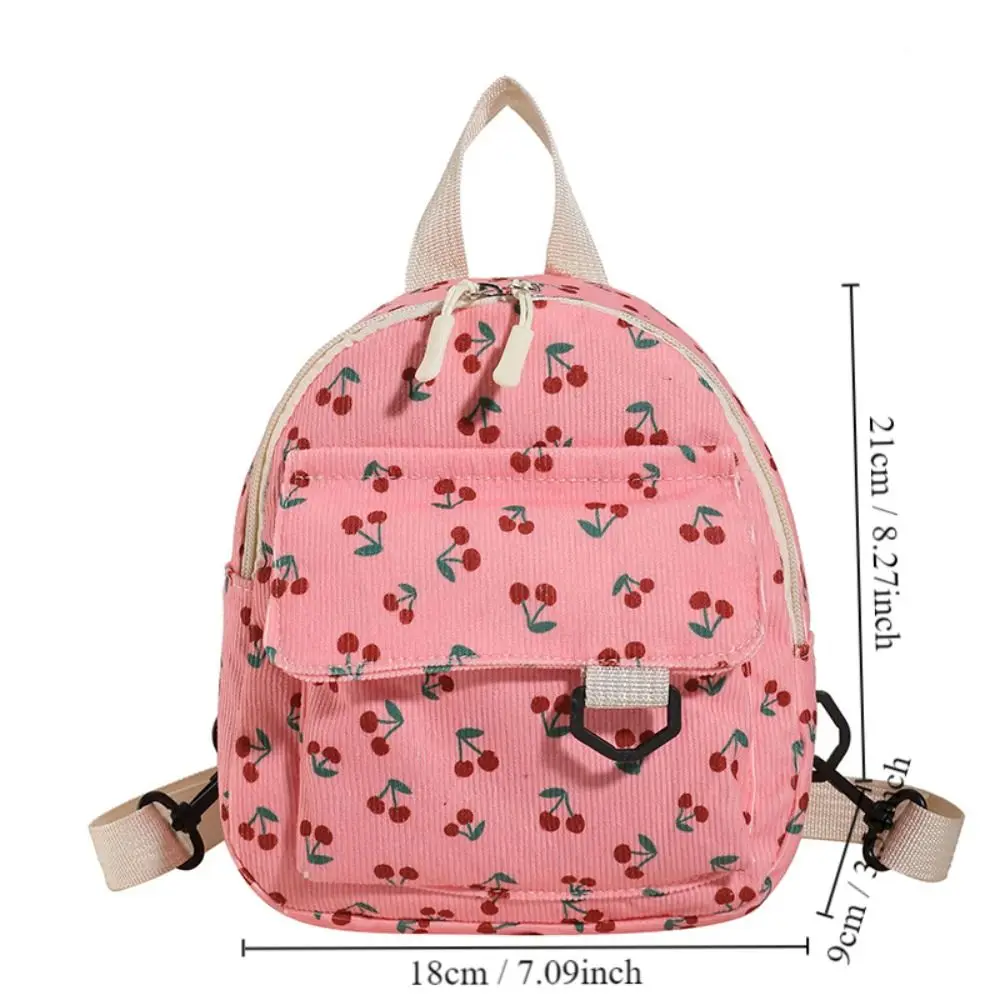 Large Capacity Mini Backpack Portable Cherry Print Corduroy School Baskpack Multiple Pocket Travel Rucksack Women