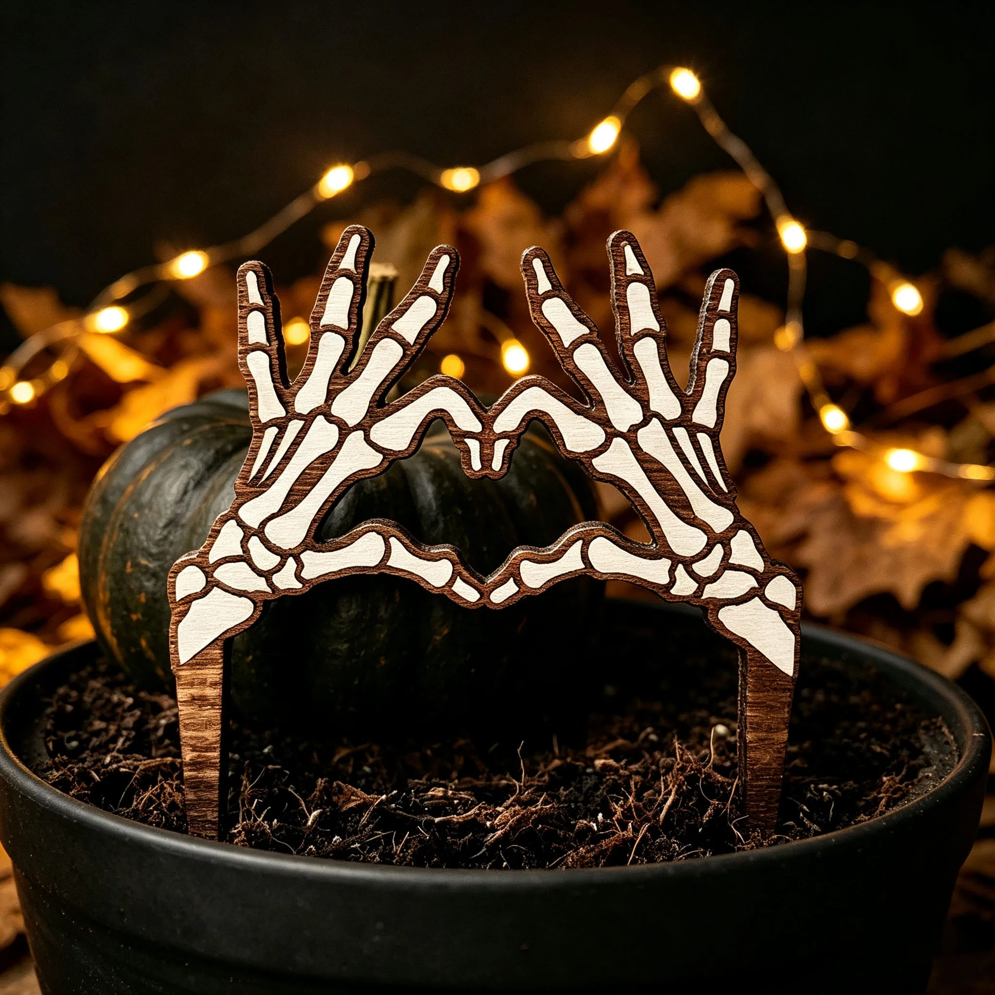 Funny Skull Hand Heart Wood Plant Marker Holiday Party Garden Ornament