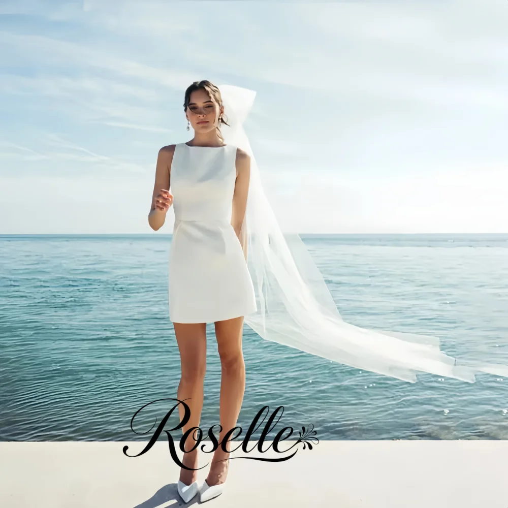 Minimalist Satin Short Wedding Dresses Sleeveless Boat Neck Mini Bridal Gowns Beach Elopement Civil Marriage Simple Bride Outfit