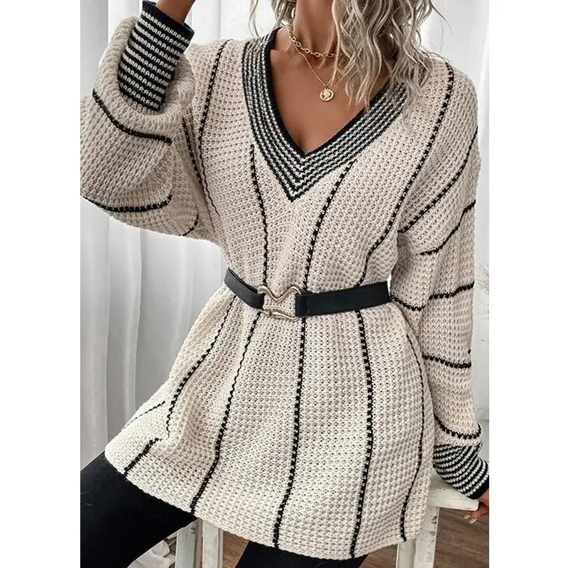 New Autumn and Winter Models Vertical Striped V-neck Pullover Sweater, Women's Fashion Spell Color Loose Casual Knit Sweater