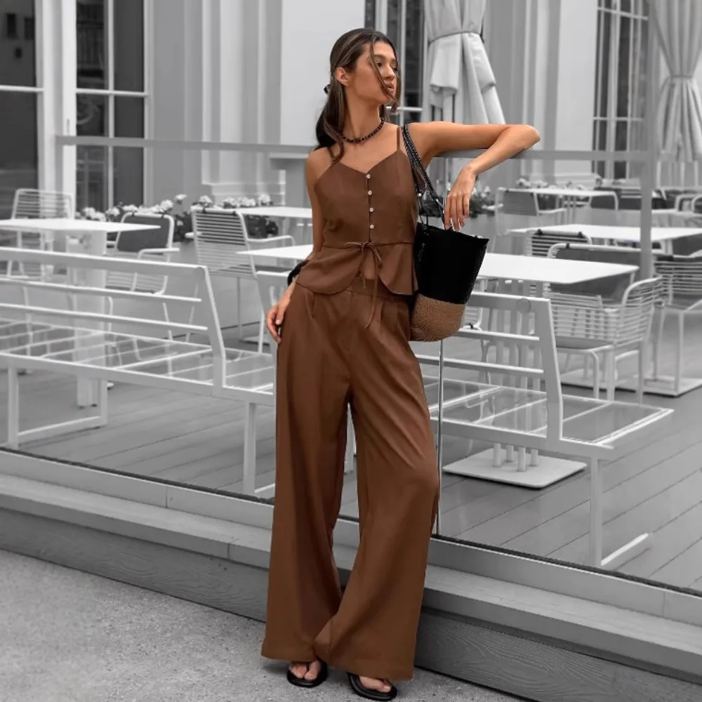 

Solid Color Fashion Linen Camisole Top and Pants Two-piece Set for Women's Summer Casual Loose Office Commuting Khaki Vest Set