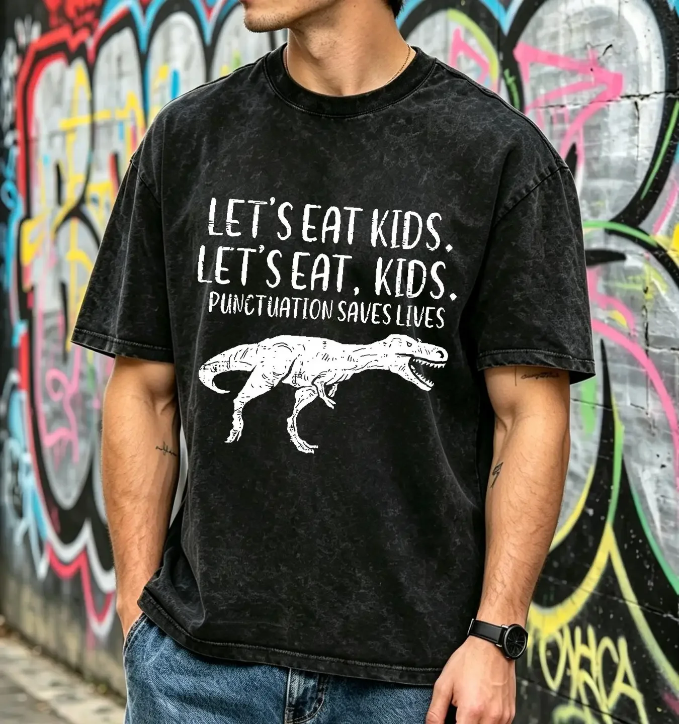 washed T Shirt Lets Eat Kids Punctuation Saves Lives Dino Funny Teacher Men long or short sleeves vintage Washed homme Slightly
