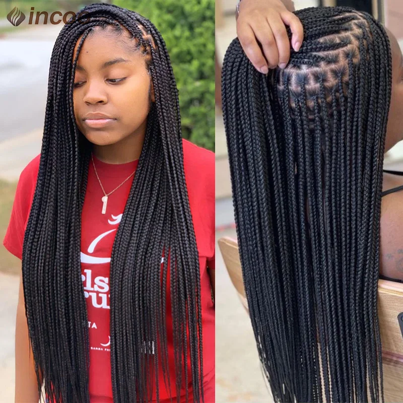 

Long 36 Inch Full Lace Braided Wig Synthetic Natural Black Three Cornrows Braiding Hair Glueless Square Box Braids Wig For Women