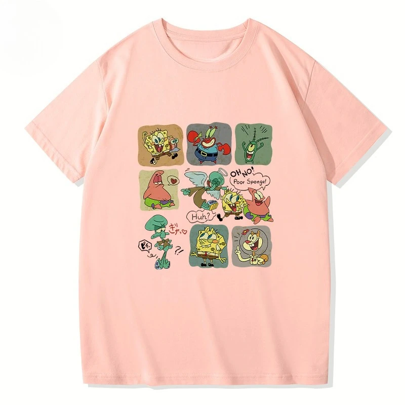 Nuevo lanzamiento de Bob Esponja, pantalones cuadrados con estampado de dibujos animados, Top Universal de manga corta holgado y a la moda para hombres, mujeres y niños