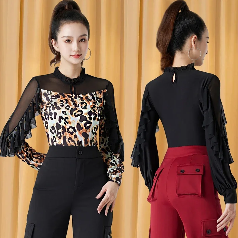 

New Adults Waltz Modern Dancing Top Women Ruffled Sleeves Latin Dance Tops Female Ballroom Dance Top Training Wear